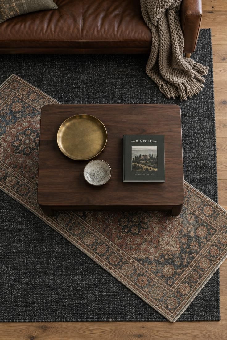11 Moody Man Cave Ideas for a Warm, Layered Retreat 8 Overhead view of a charcoal wool rug with a smaller faded patterned runner layered on top under a low walnut coffee table with a brass tray.