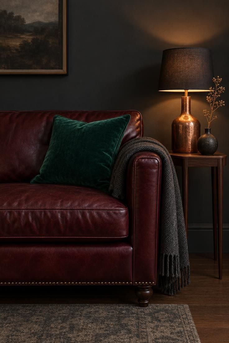 11 Moody Man Cave Ideas for a Warm, Layered Retreat 9 Oxblood leather sofa against a charcoal wall with one emerald velvet pillow and a copper-based table lamp on a walnut side table.