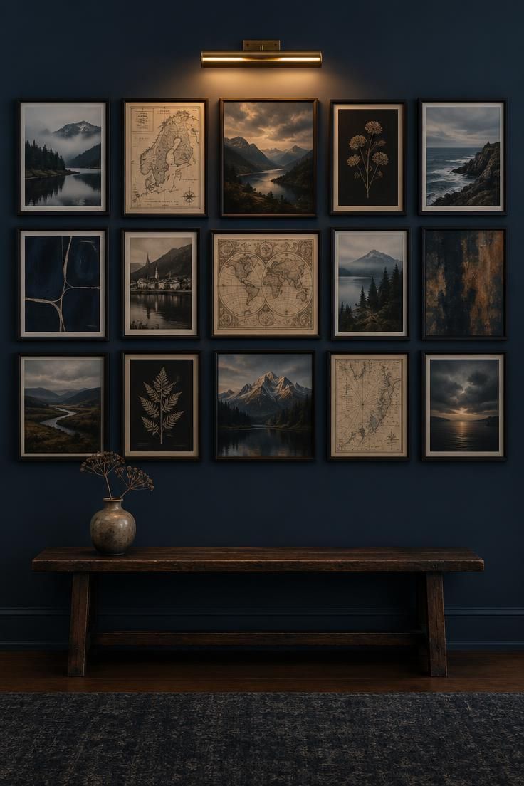 11 Moody Man Cave Ideas for a Warm, Layered Retreat 10 Wall of dark-framed prints in a tight grid under a brass picture light, with a dark wood bench below.