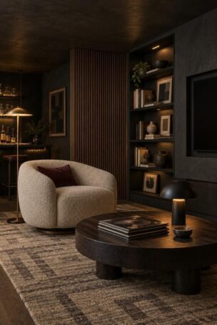 Moody man cave with charcoal walls, tinted ceiling, cream boucle swivel chair, dark built-in shelving, reeded wood panel, warm lamp light, and layered rug.
