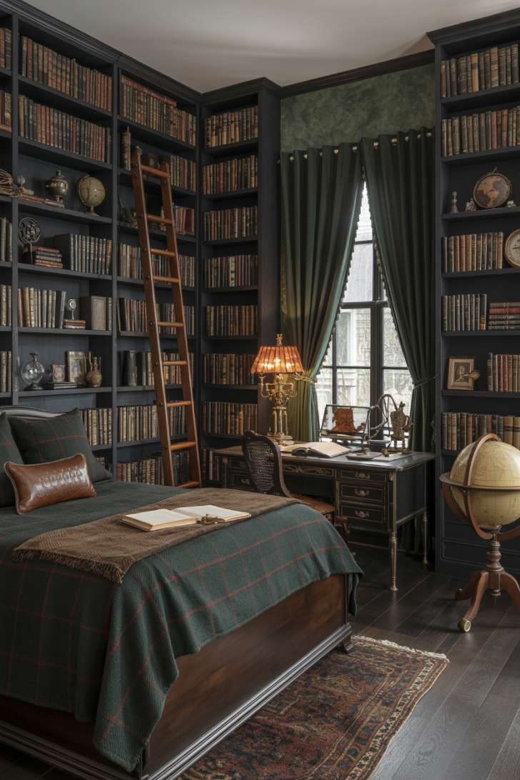 Dark academia bedroom with floor-to-ceiling bookshelves and hunter green plaid bedding
