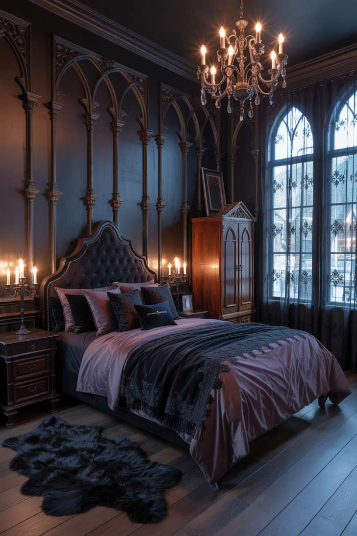 Gothic-inspired maximalist bedroom with arched velvet headboard and ornate iron chandelier