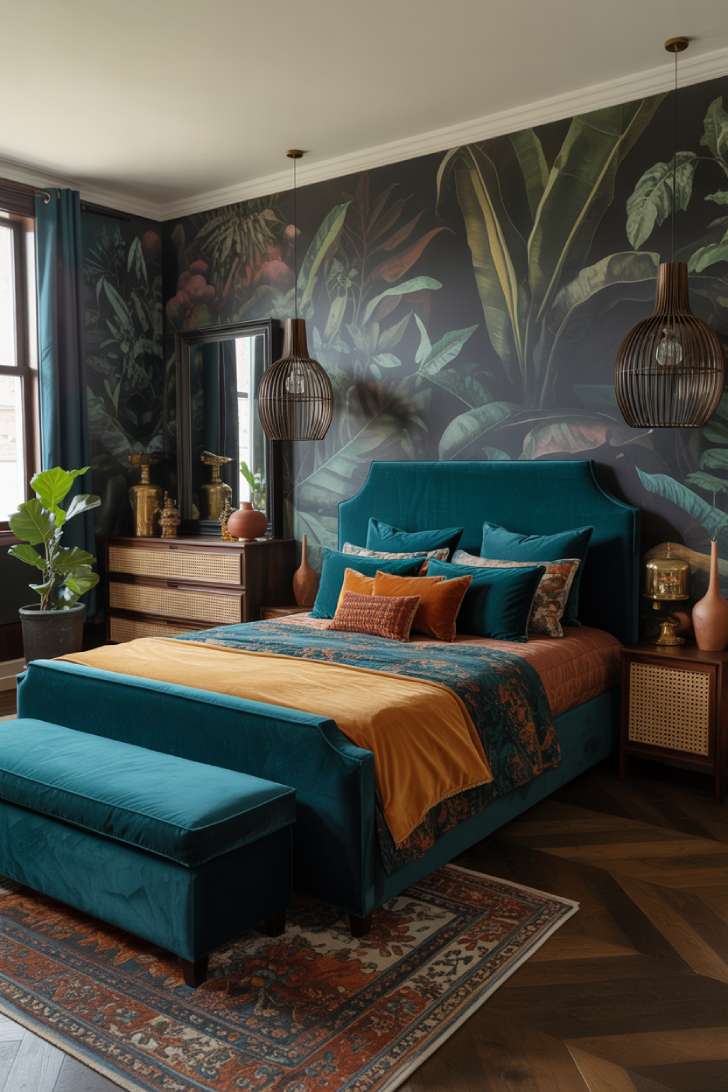 Deep teal velvet maximalist bedroom with dark botanical wallpaper and brass decor