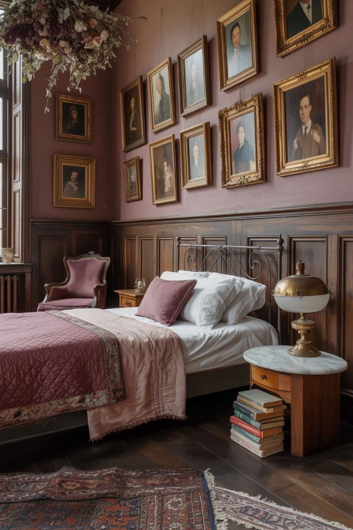 Vintage maximalist bedroom with original wainscoting, antique portraits, and layered Persian rugs