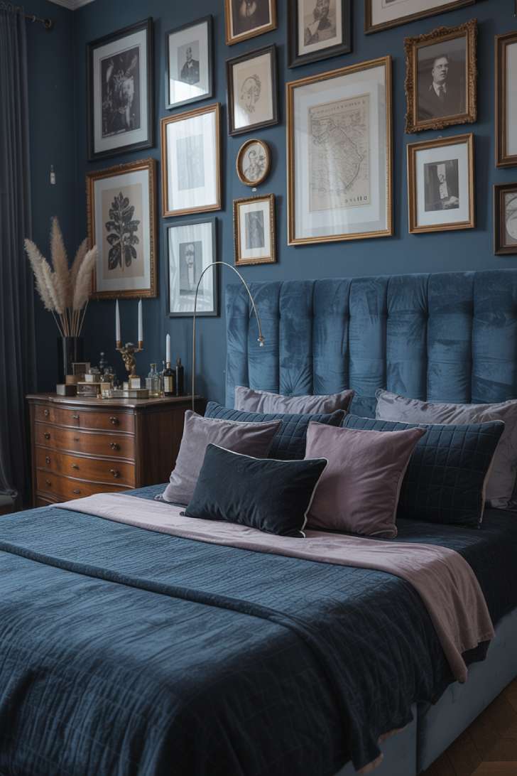 Navy blue maximalist bedroom with gallery wall and tufted velvet headboard