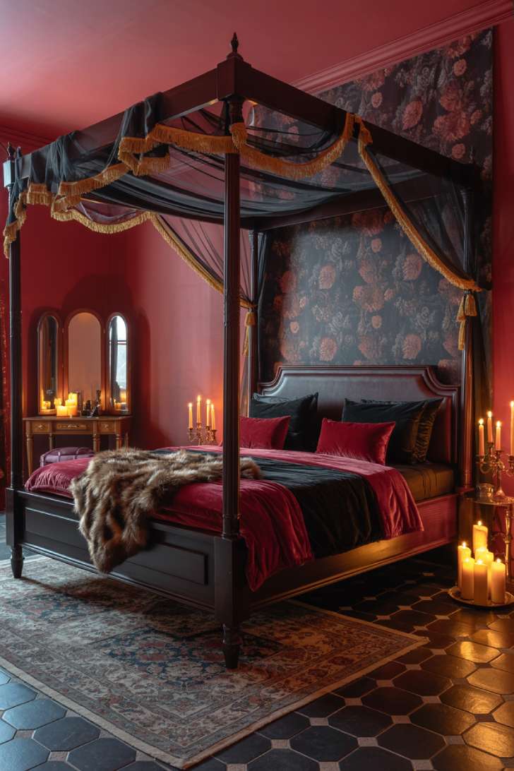 Oxblood red maximalist bedroom with dark floral wallpaper and four-poster canopy bed