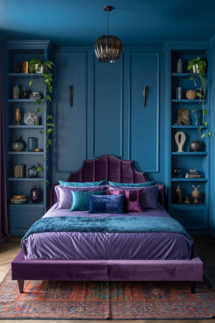 Sapphire blue maximalist bedroom with upholstered walls and amethyst velvet bed