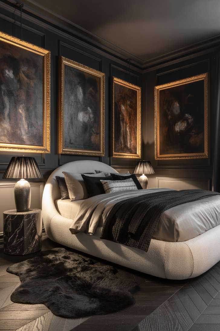 Black color-drenched maximalist bedroom with boucle bed and large abstract art