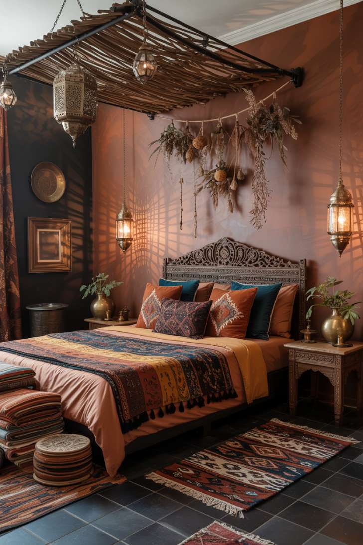Moody terracotta maximalist bedroom with Moroccan lanterns and layered kilim rugs