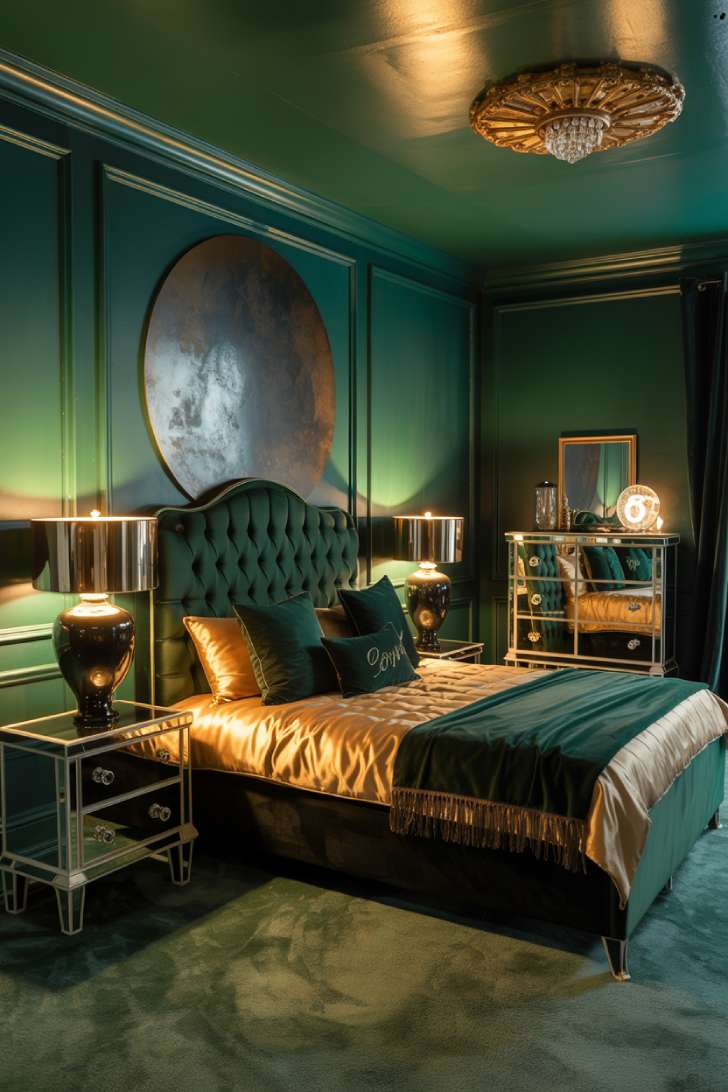 High-gloss forest green maximalist bedroom with crystal chandelier and Hollywood Regency dresser