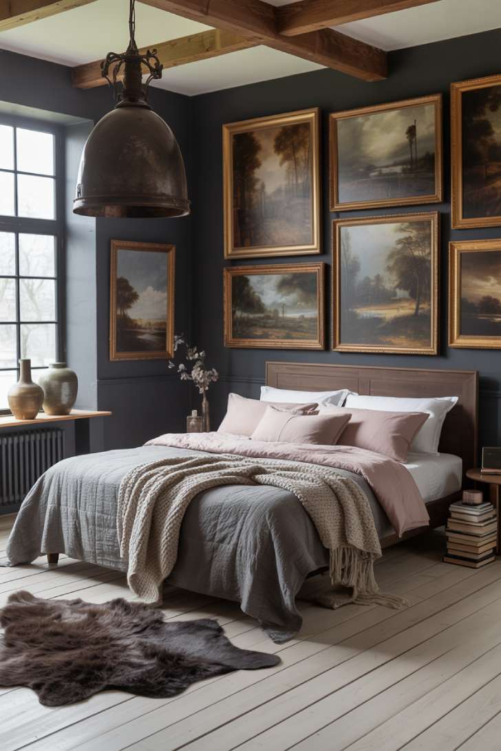 Charcoal grey maximalist bedroom with dark oak headboard and moody landscape paintings
