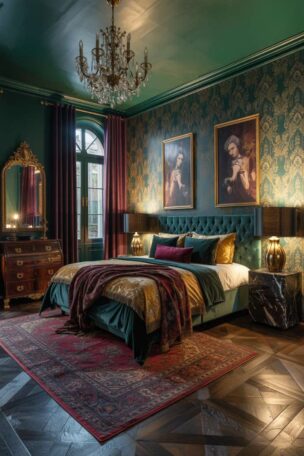 A moody maximalist bedroom