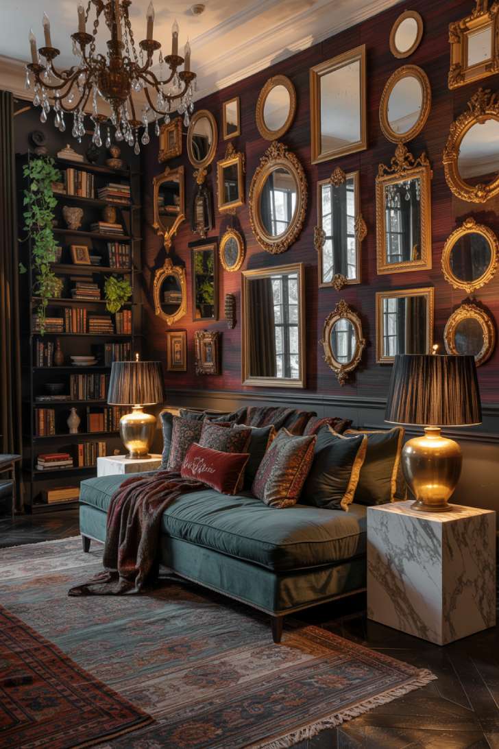 Lush moody maximalist living room with burgundy grasscloth wallpaper, gilded mirrors, and teal velvet daybed sofa