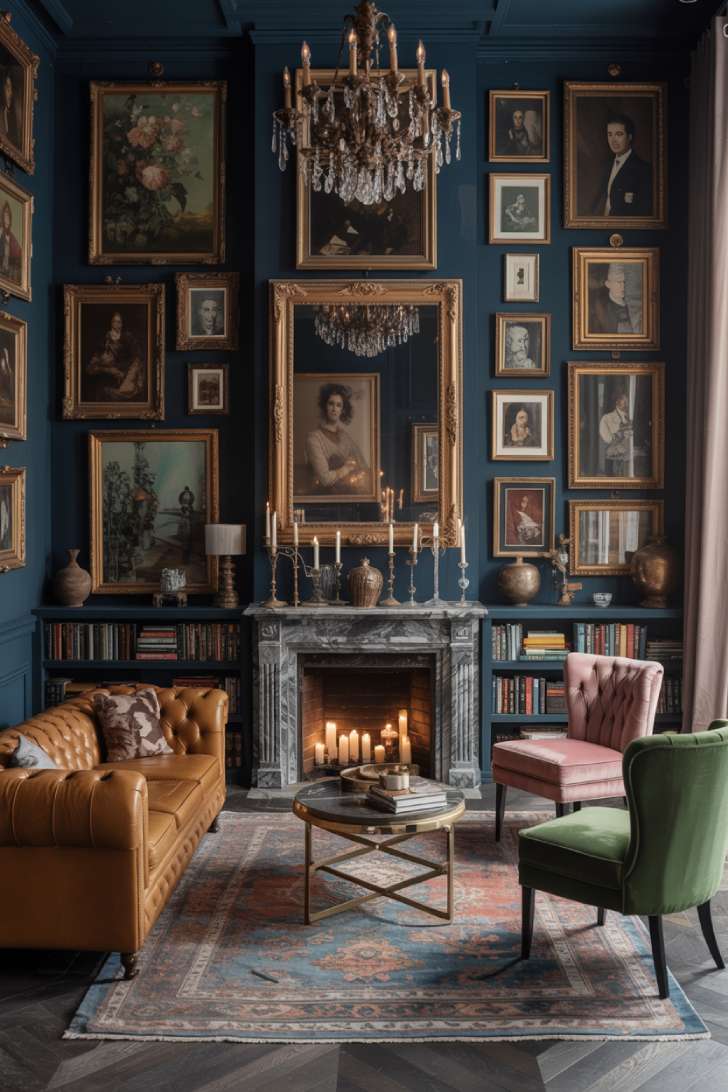 Sultry dark navy maximalist living room with leather chesterfield sofa and marble fireplace