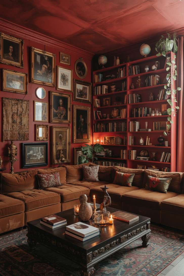 Oxblood red painted maximalist living room with dark lacquered bookshelves and layered decor