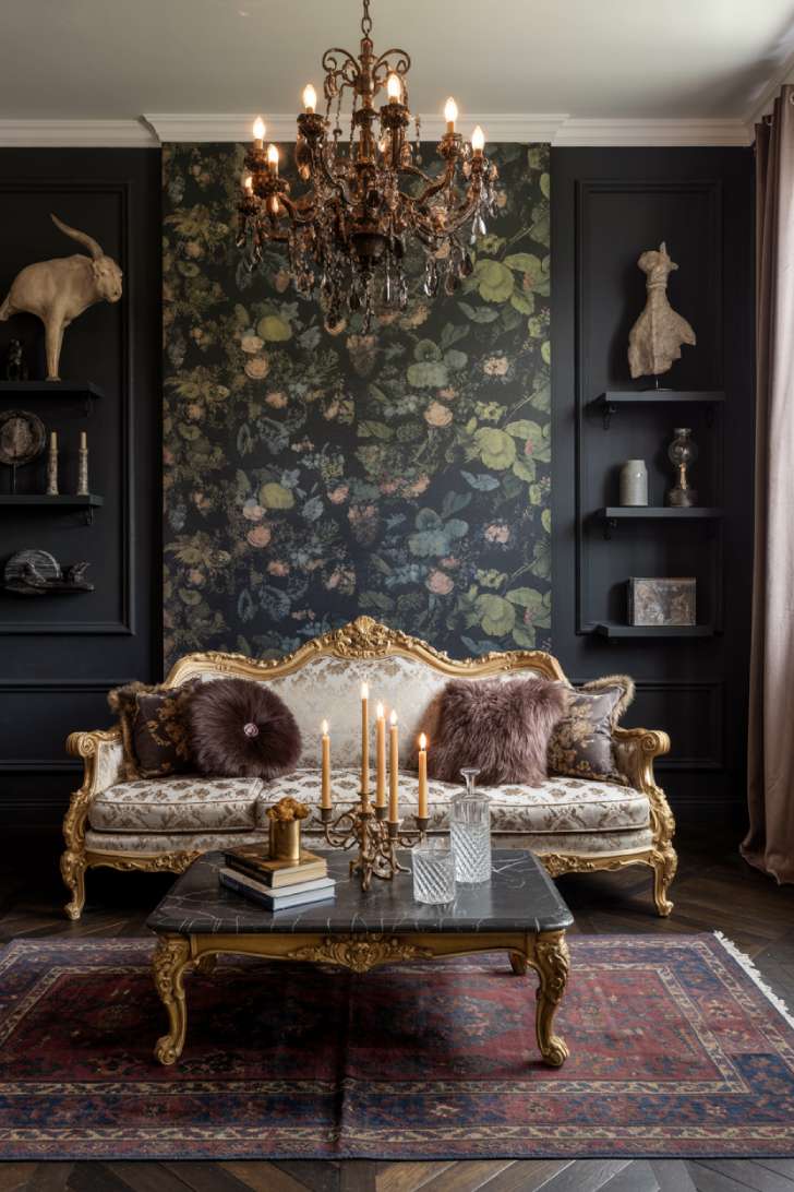 Moody maximalist living room with dark floral wallpaper accent wall and black marble coffee table