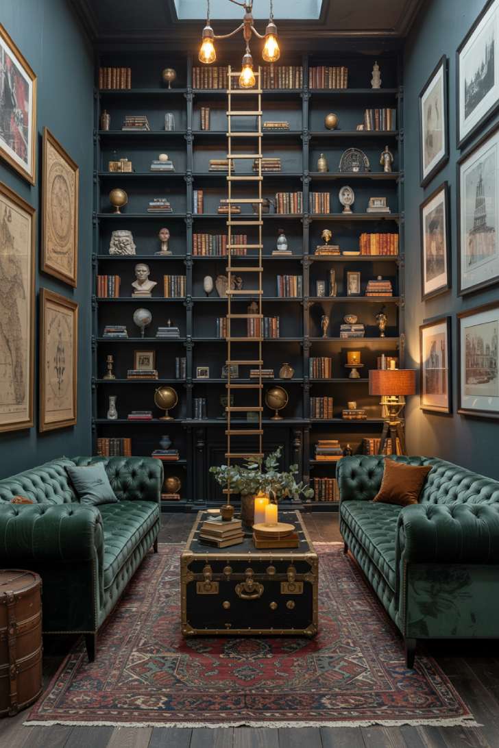 Theatrical moody maximalist living room with floor-to-ceiling black library wall and rolling brass ladder