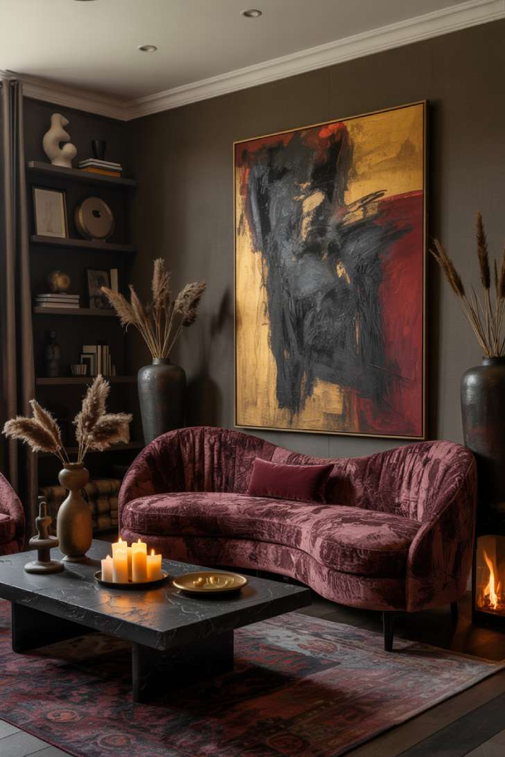 Sensual moody maximalist living room with curved burgundy velvet sofa and fabric upholstered walls