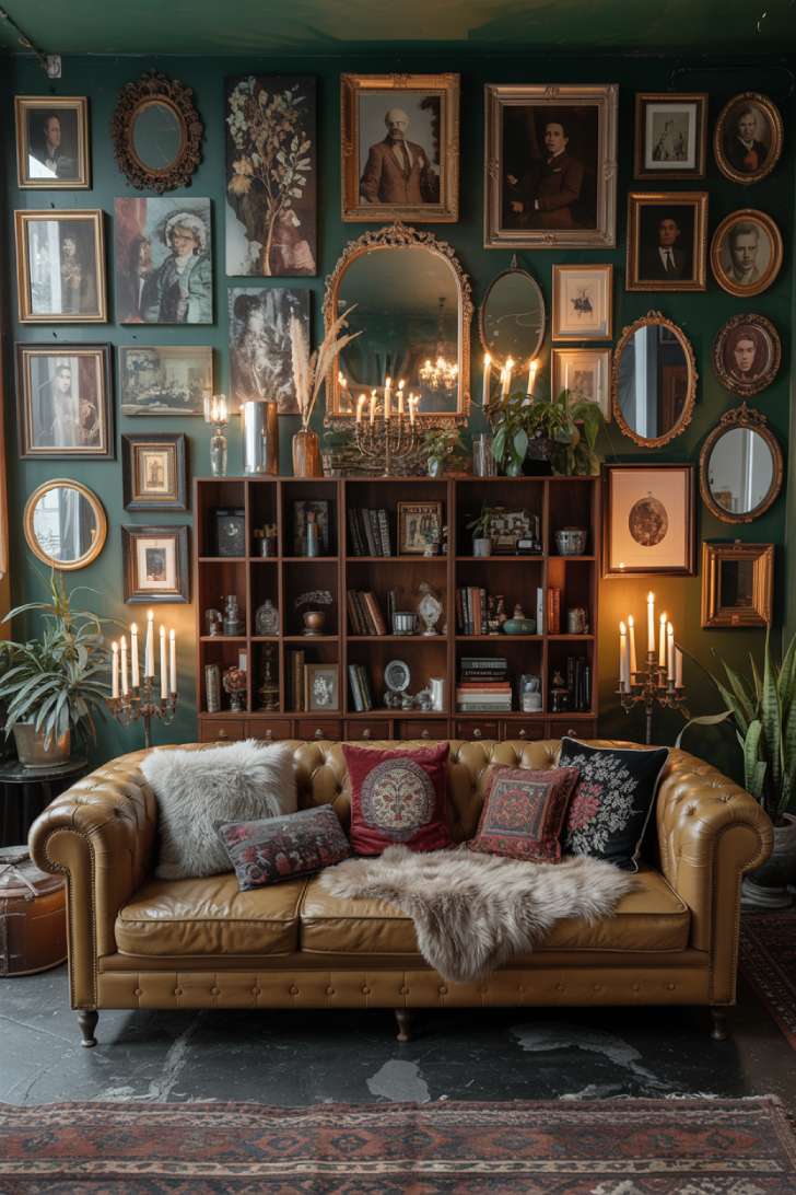 Richly layered moody maximalist living room with aubergine velvet chesterfield and dense gallery wall
