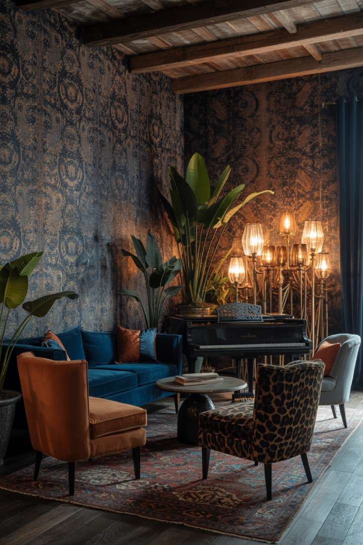 Jaw-dropping moody maximalist living room with fabric-upholstered walls, cobalt velvet sofa, and grand piano