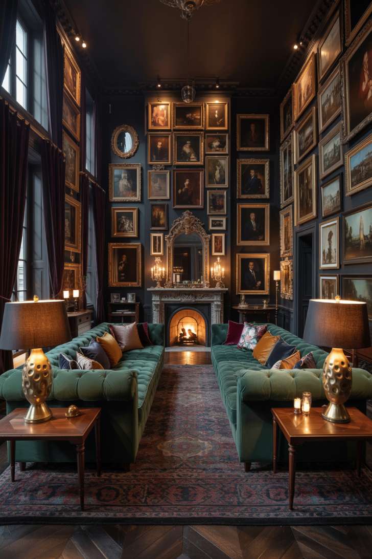 A moody maximalist living room