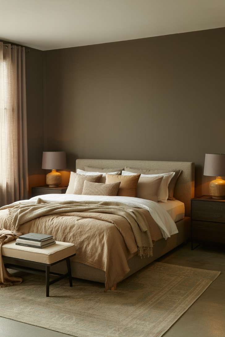 Moody neutral bedroom with taupe walls, charcoal accent wall, and layered oatmeal bedding in warm amber light