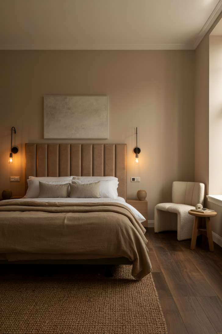 Sophisticated moody neutral bedroom with mushroom walls, tall suede headboard, and symmetrical black metal sconces