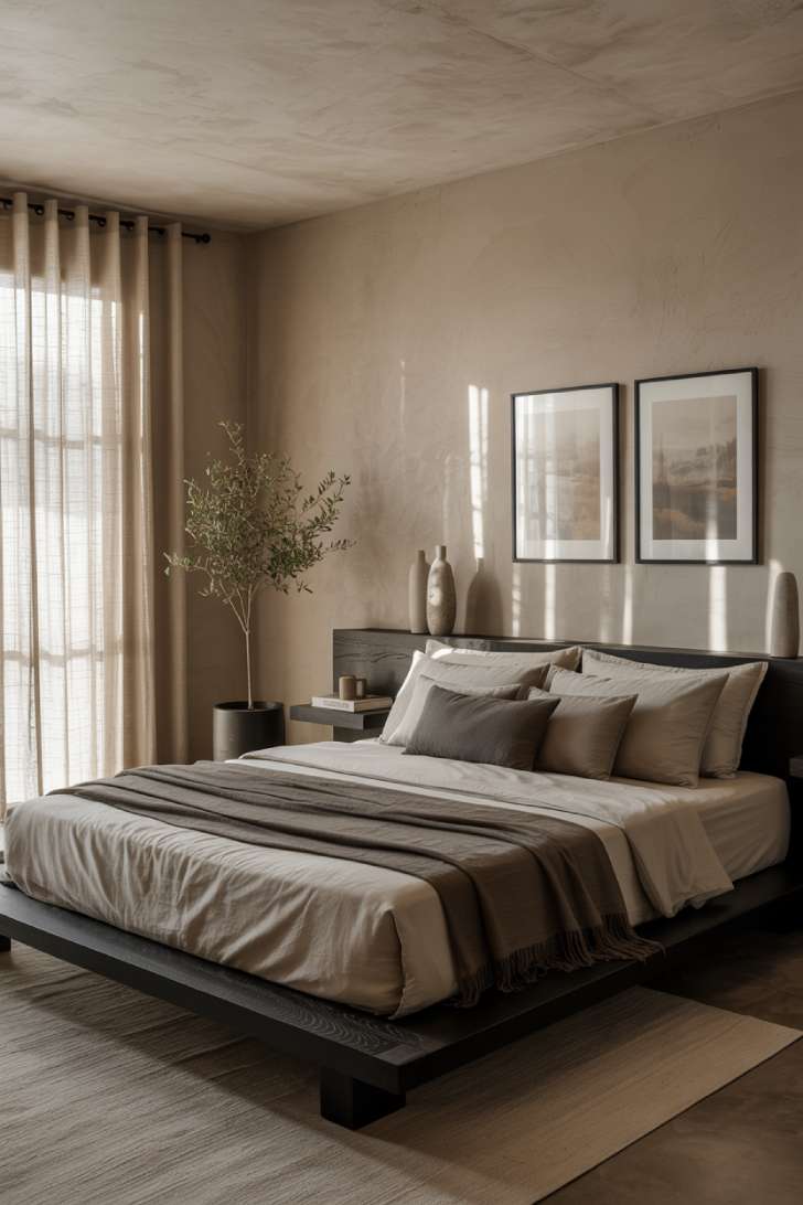 Minimalist moody neutral bedroom with clay-beige plaster walls, dark espresso platform bed, and diffused morning light