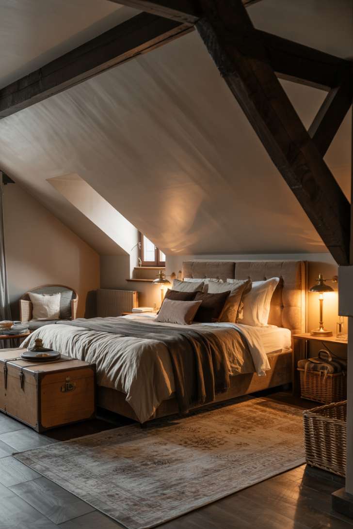 Cozy attic moody neutral bedroom with sloped greige ceiling, dark wood beams, and smoky velvet bed