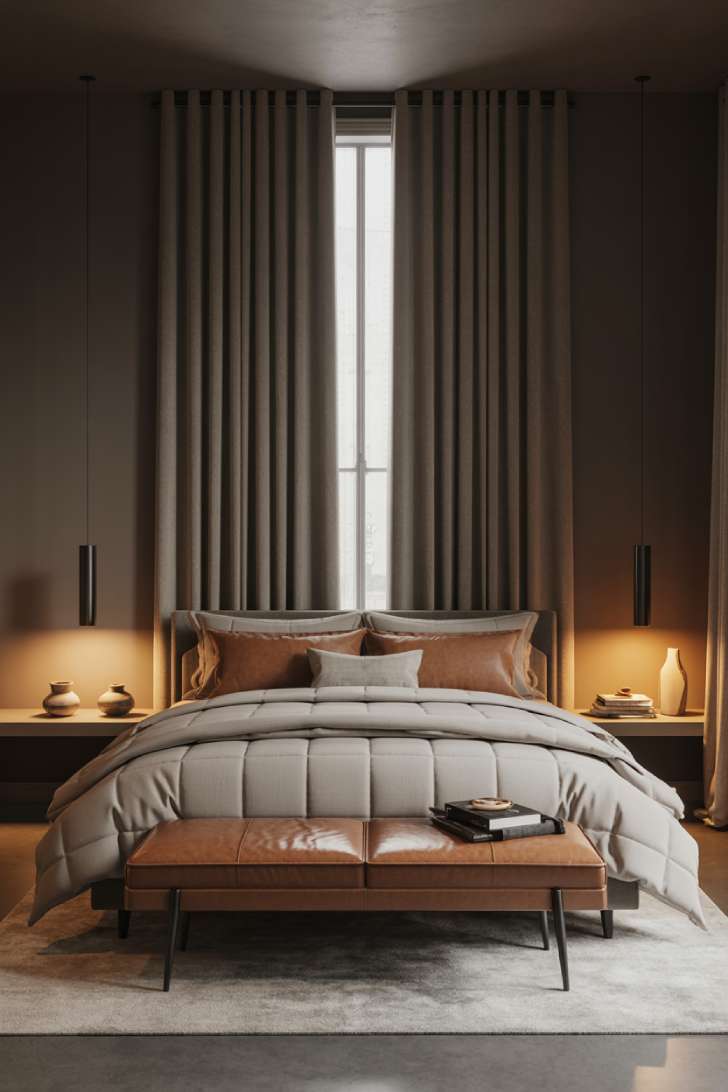 Modern moody neutral bedroom with floor-to-ceiling charcoal curtains, deep warm gray walls, and a cognac leather bench