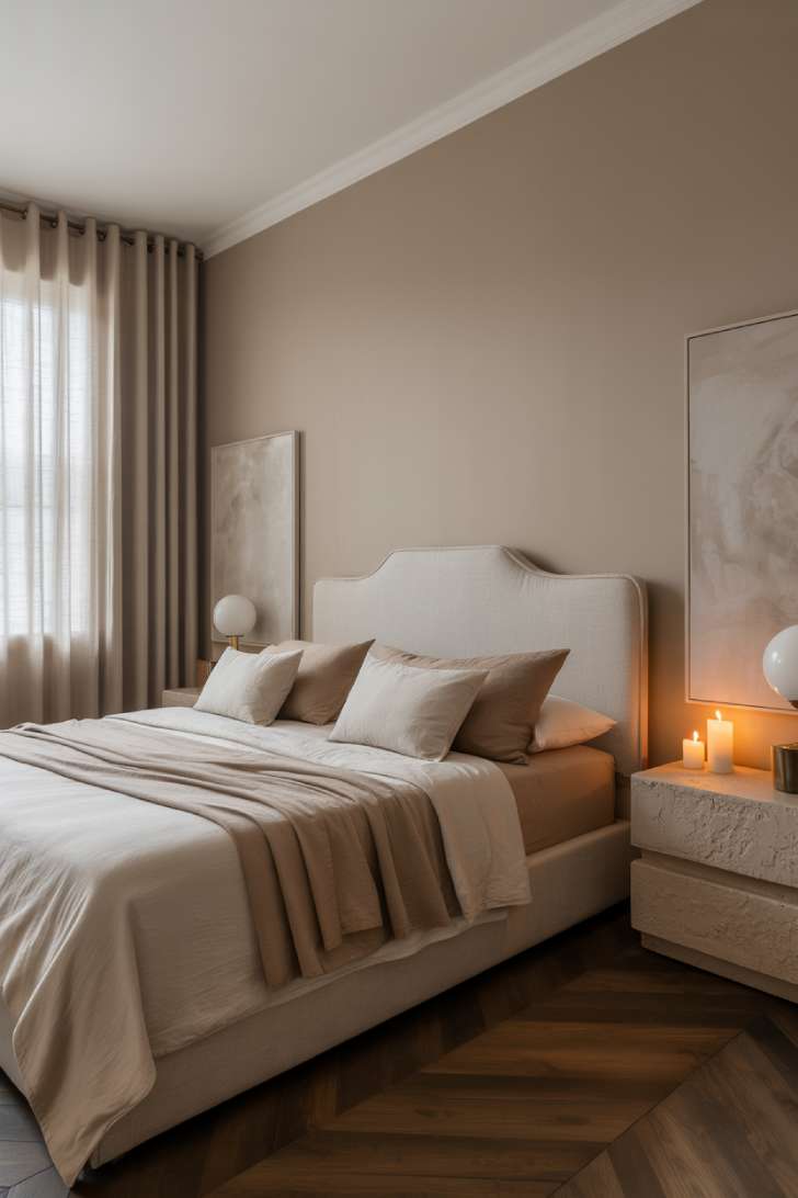 Soft romantic moody neutral bedroom with dusty beige walls, curved linen headboard, and herringbone dark wood floors