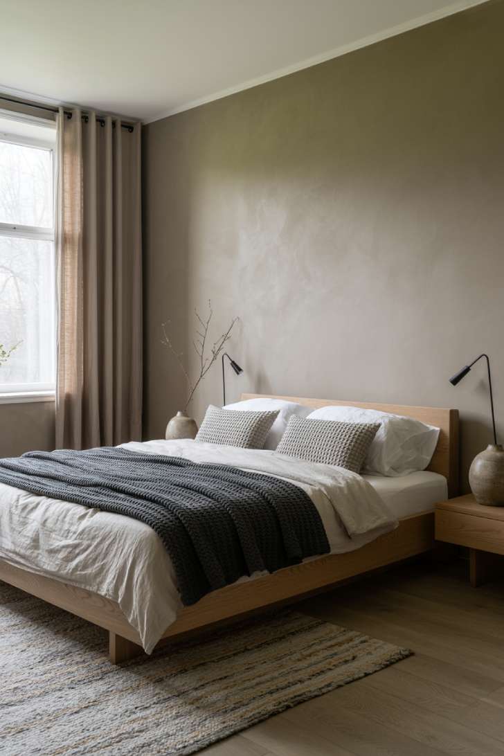 Scandinavian-inspired moody neutral bedroom with cool greige walls, low oak platform bed, and heavy oatmeal curtains
