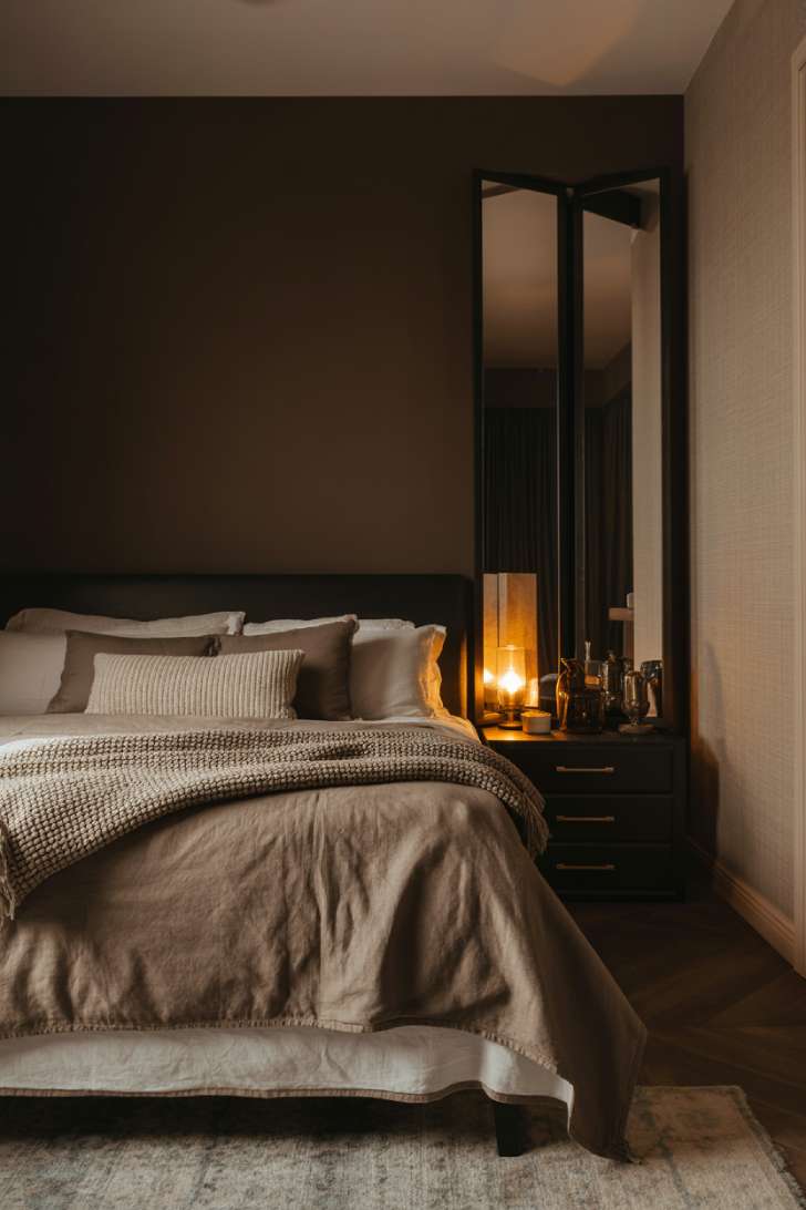 Dramatic moody neutral bedroom with dark chocolate accent wall, leaning black-framed mirrors, and brass hardware details