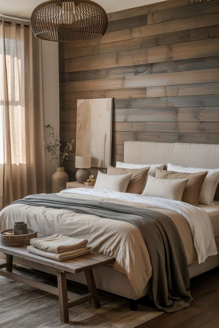Rustic-luxe moody neutral bedroom with reclaimed wood feature wall, woven pendant light, and linen curtains pooling on the floor