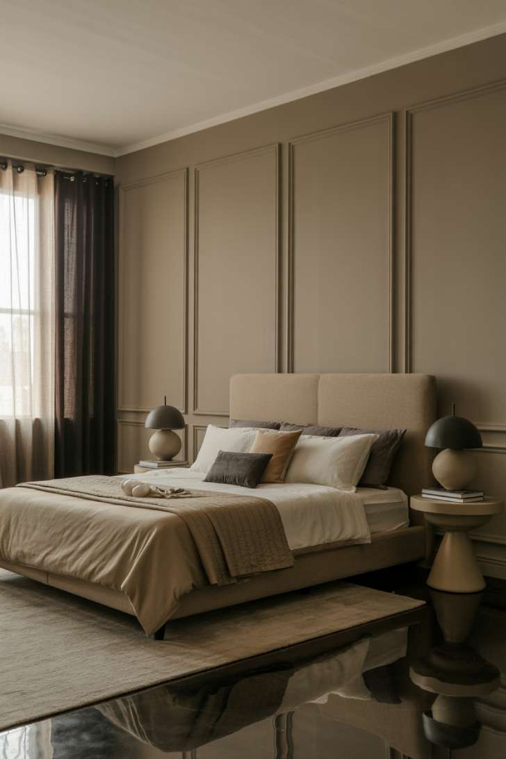 Contemporary elegant moody neutral bedroom with warm gray paneled walls, sandy beige upholstered bed, and sculptural black bedside lamps