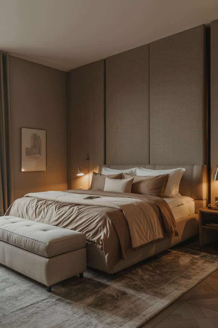 Boutique-hotel moody neutral bedroom with floor-to-ceiling headboard, almond and espresso layered bedding, and soft sconce lighting