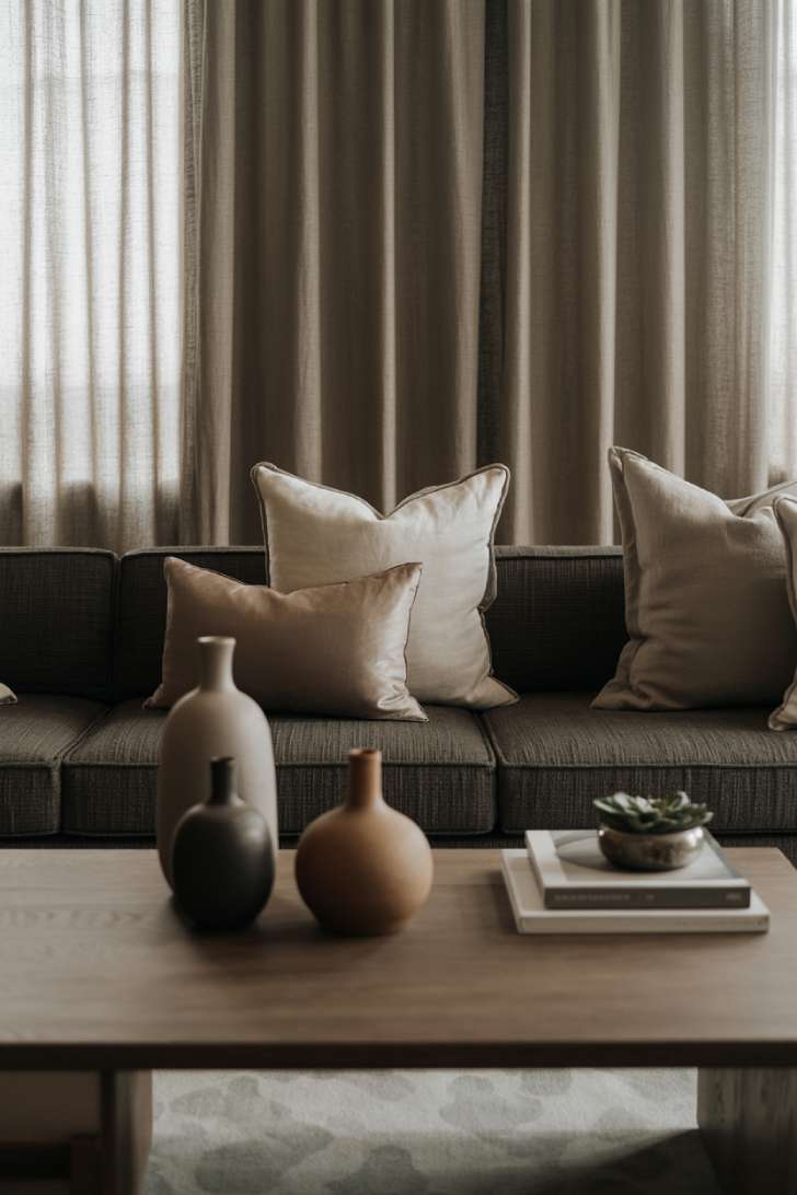 Moody neutral living room with charcoal gray sectional and textured dove gray walls