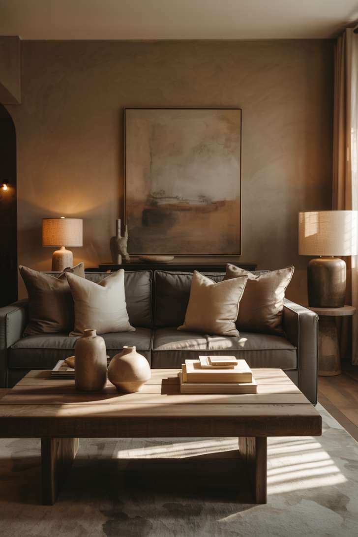 Sophisticated living room featuring warm greige walls and abstract earth-tone artwork