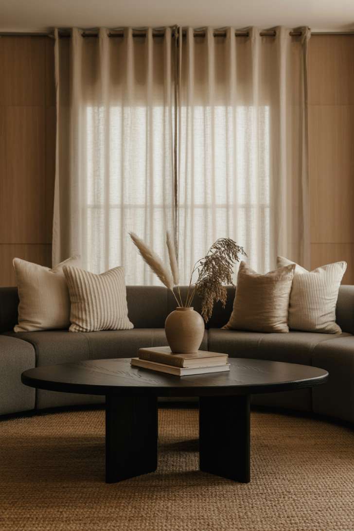 Moody neutral living room with jute rug and dried pampas grass centerpiece