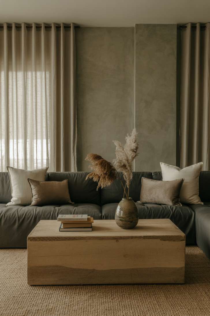 Dark neutral living room featuring sage green accent walls and reclaimed wood table