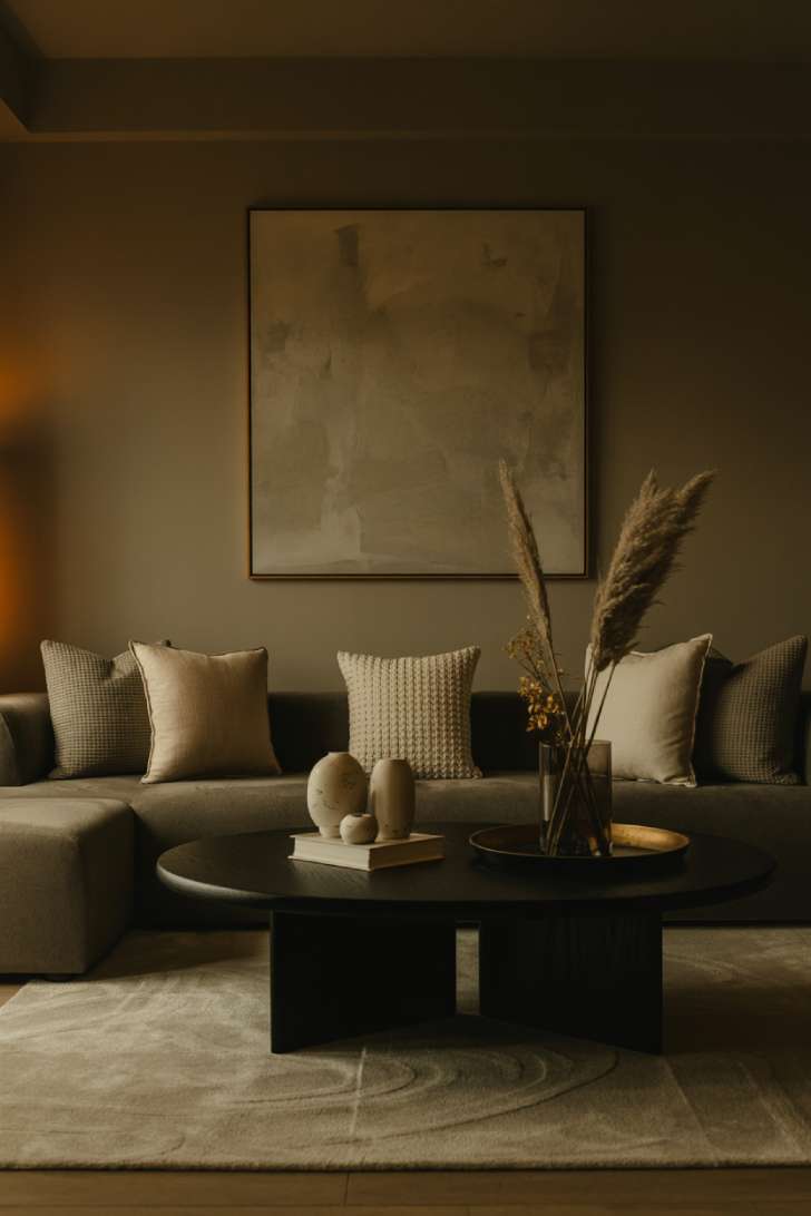 Stylish living room with mushroom gray walls and dramatic ambient lighting