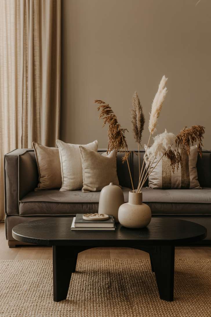 Moody lounge room with charcoal velvet sofa and jute rug texture