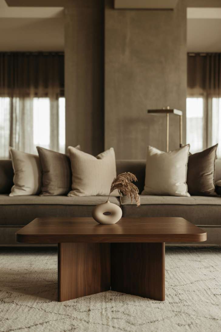 Sophisticated moody neutral living room with brass floor lamp and walnut furniture