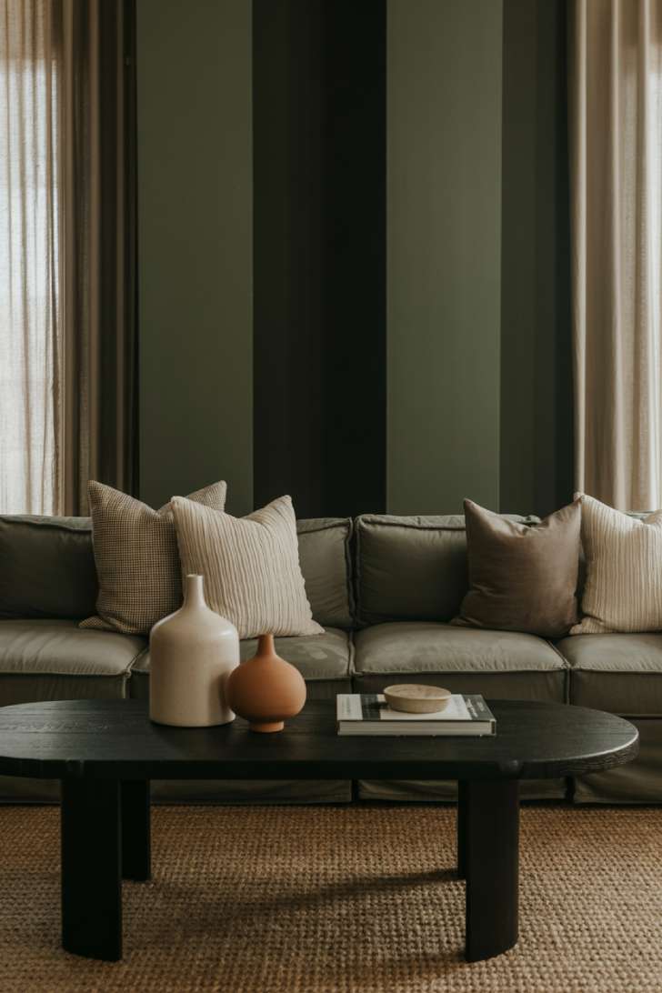 Moody neutral living room with deep sage walls and woven jute rug