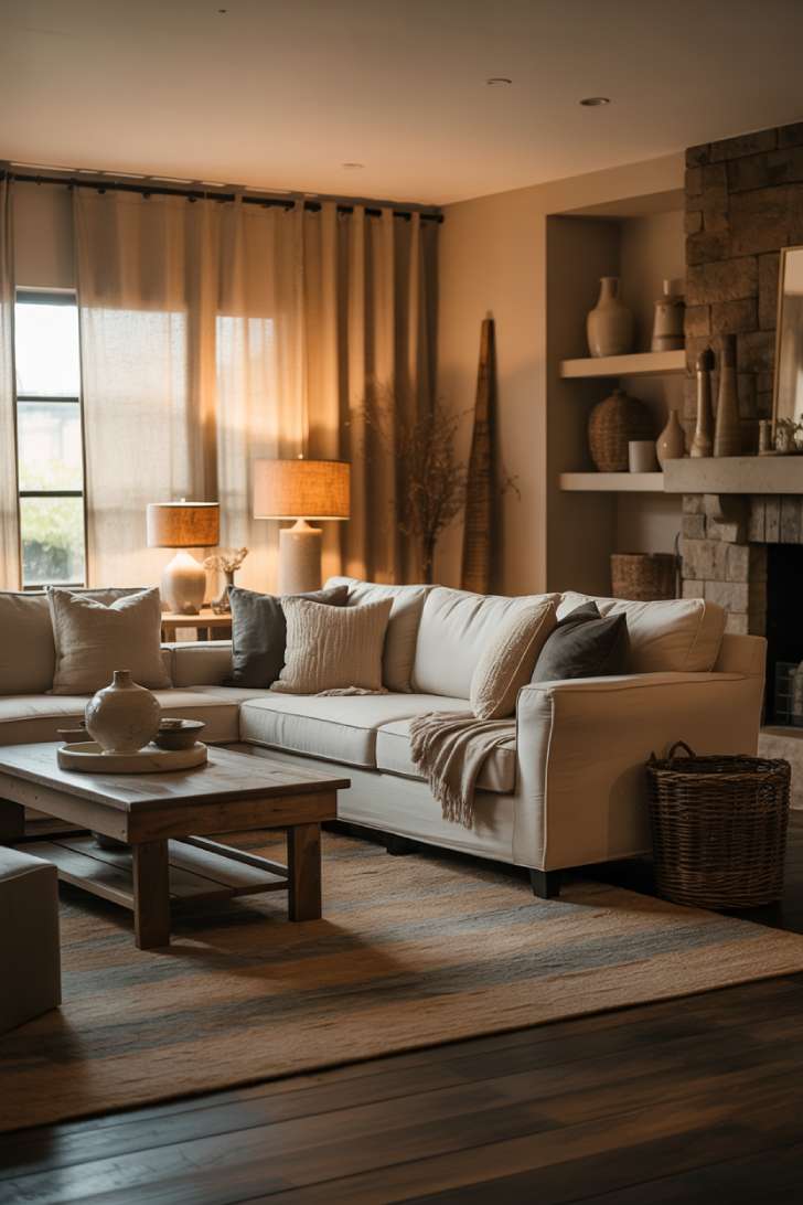 Cozy neutral living room with stone fireplace and cream sectional