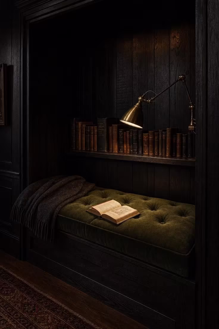 14 Moody Reading Nook Ideas That Feel Like a Secret Escape 1 A blackened oak alcove with a tufted moss-green mohair cushion, brass reading lamp, and leather-bound books on a narrow shelf in moody low light.