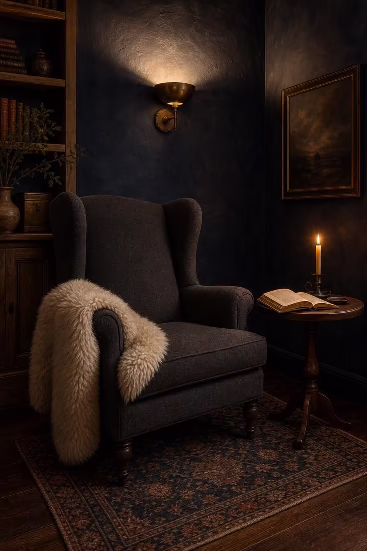 14 Moody Reading Nook Ideas That Feel Like a Secret Escape 3 A charcoal wool wingback chair with an Icelandic sheepskin draped over one arm, set against midnight blue limewash walls lit by a warm brass sconce and a taper on a walnut side table.