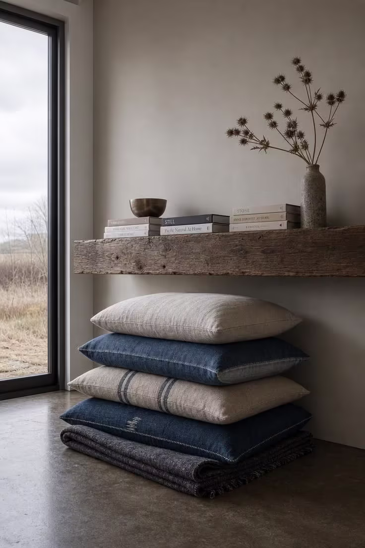 14 Moody Reading Nook Ideas That Feel Like a Secret Escape 4 A reclaimed timber beam floating shelf above a stack of raw linen and faded indigo floor cushions on a dark concrete floor, with books and dried thistle, in cool overcast light.