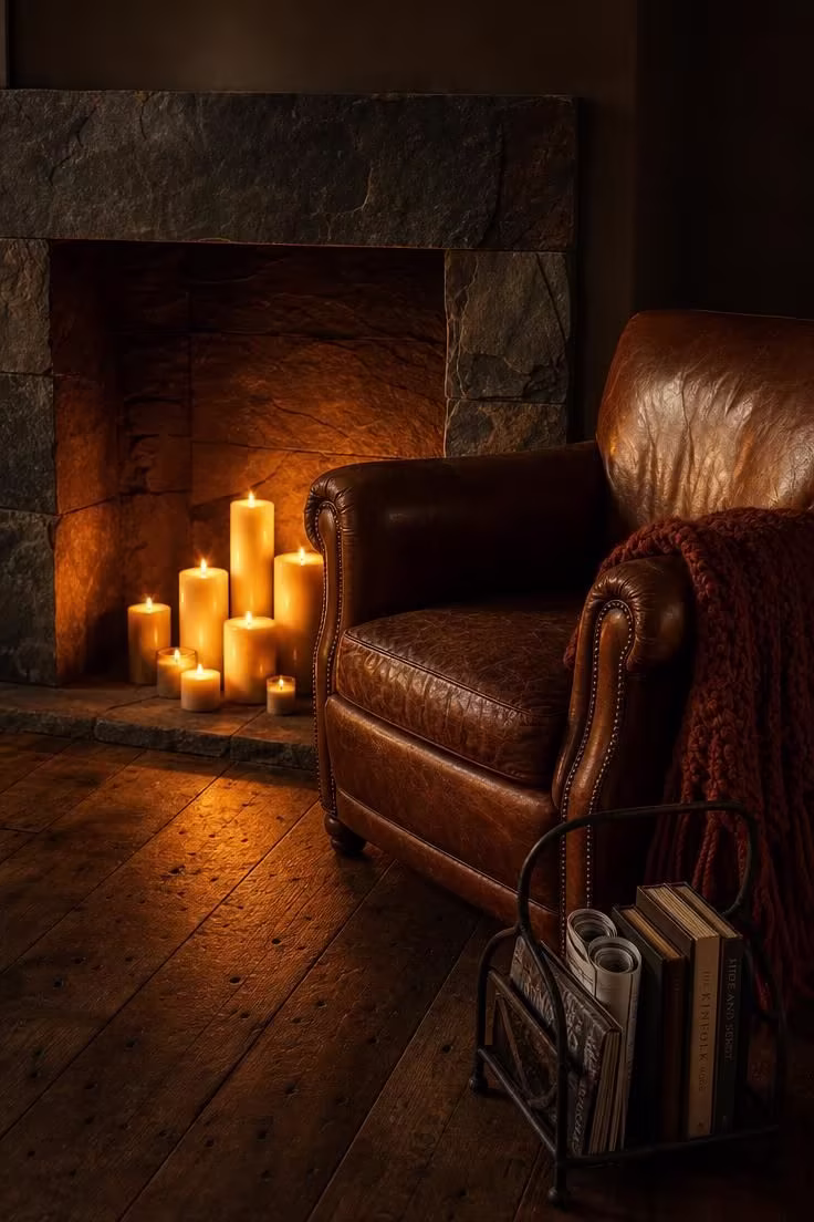 14 Moody Reading Nook Ideas That Feel Like a Secret Escape 5 A distressed cognac leather club chair angled toward a slate fireplace niche filled with pillar candles, with a rust knit throw, iron log holder with books, and warm dancing light on reclaimed walnut floors.