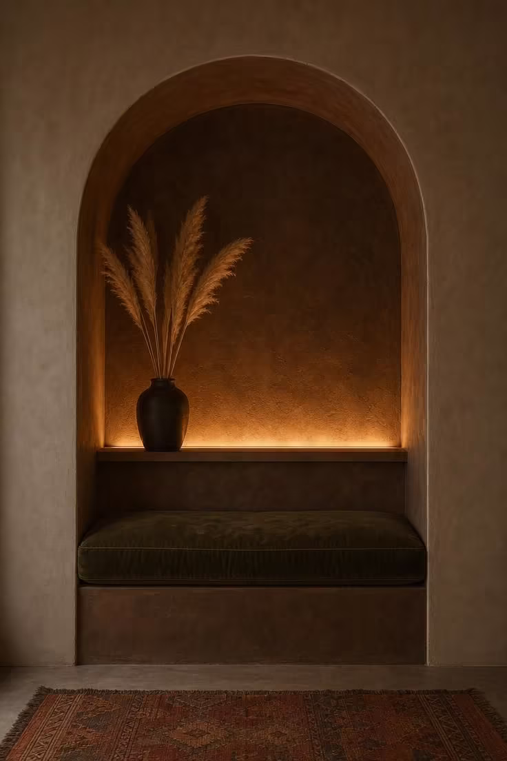 14 Moody Reading Nook Ideas That Feel Like a Secret Escape 6 A plastered arched niche in raw umber with recessed warm LED shelf lighting, a dark olive velvet cushion, and dried pampas in a matte charcoal ceramic vase.